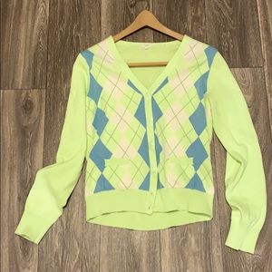 I. Crew Lime green argyle print cardigan SZ L